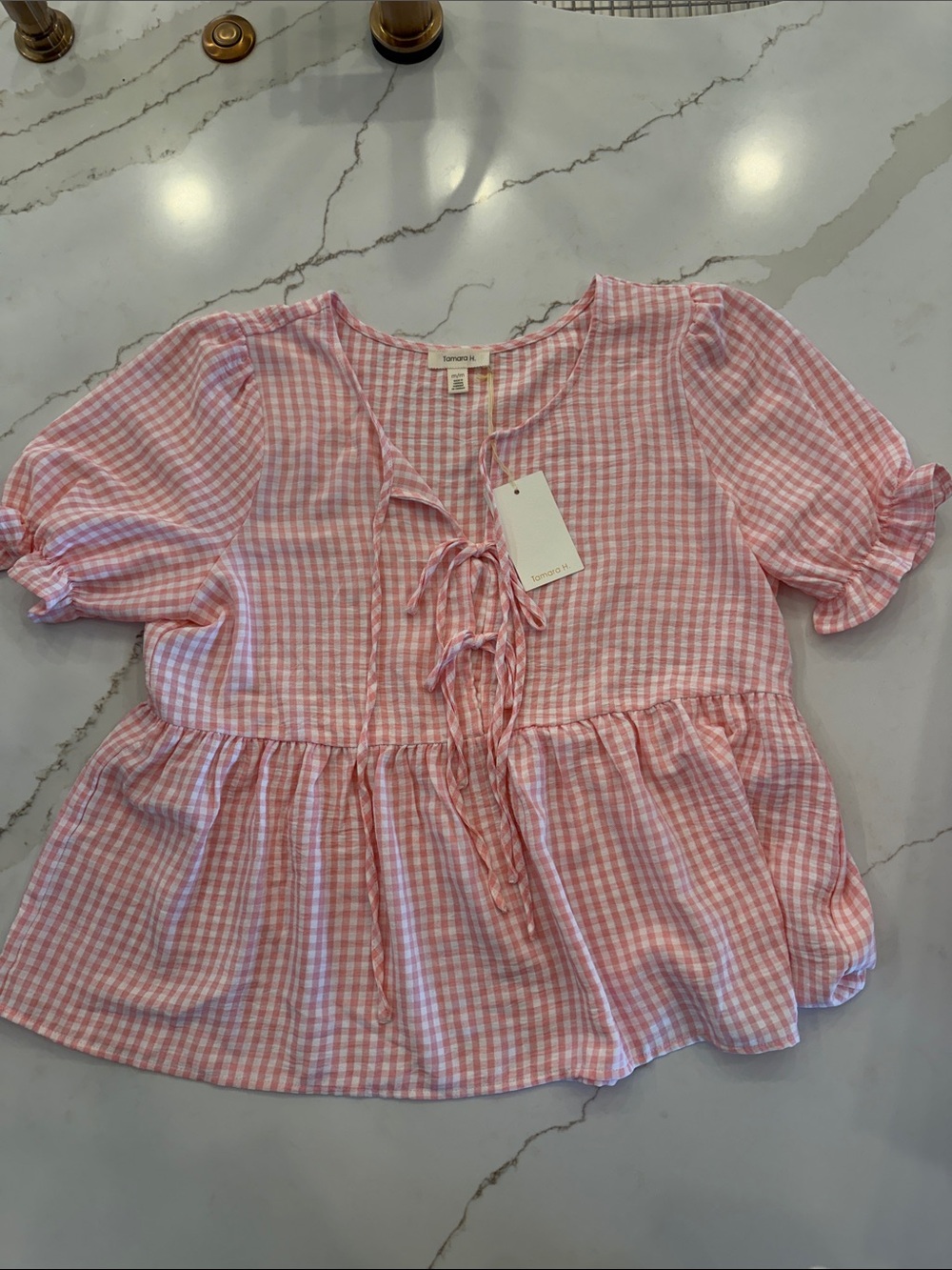 Tie-Front Gingham Peplum Blouse - Pink - Sonoma